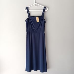 New Michael Kors Tank Midi Dress Grommets A-Line Square Neck Midnight Blue Small